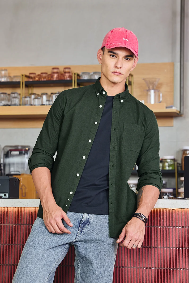 SNITCH Core Lab Dark Green Button Down Slim Fit Shirt